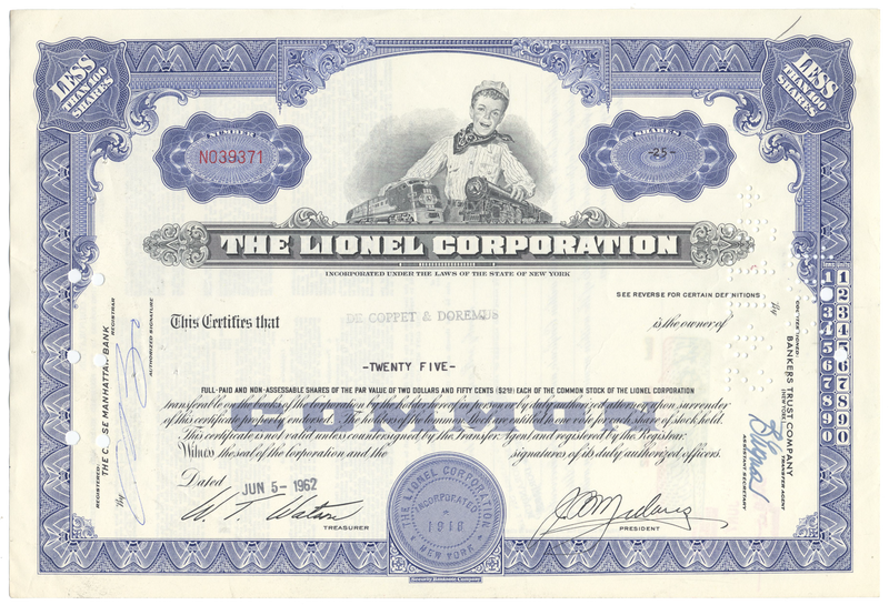 Lionel Corporation Stock Certificate