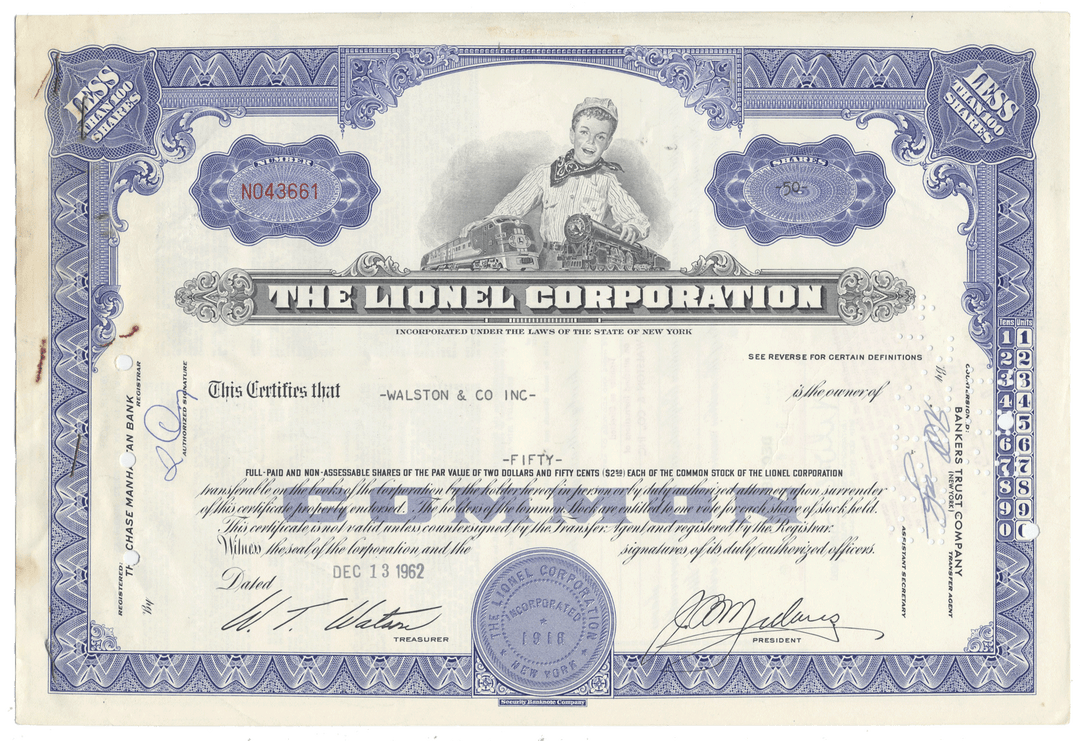 Lionel Corporation stock certificate with decorative elements and a portrait of a boy with a train from 1962.