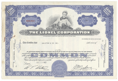 Lionel Corporation stock certificate with decorative elements and a portrait of a boy with a train from 1962.