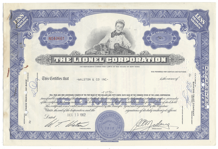 Lionel Corporation stock certificate with decorative elements and a portrait of a boy with a train from 1962.