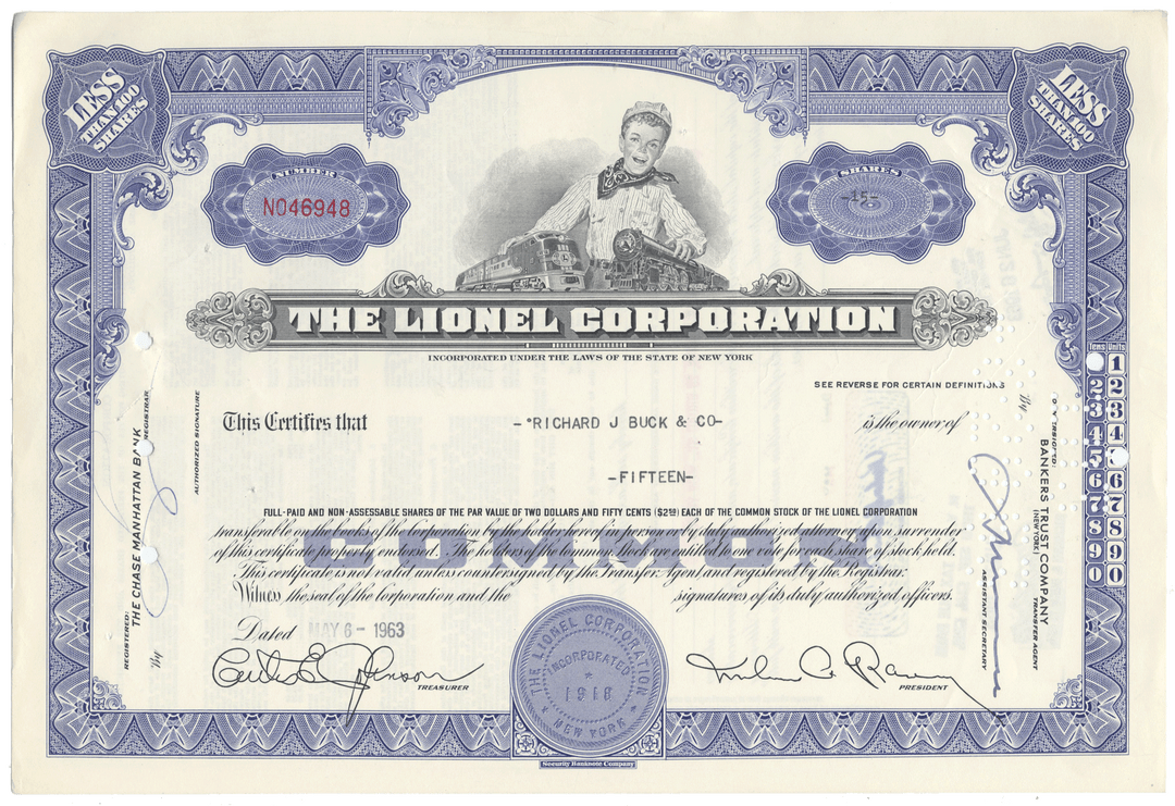 Lionel Corporation stock certificate with a blue border and portrait of a child and a toy train.