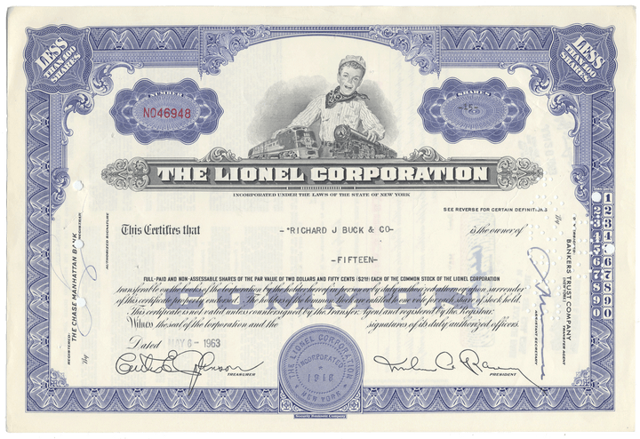 Lionel Corporation stock certificate with a blue border and portrait of a child and a toy train.