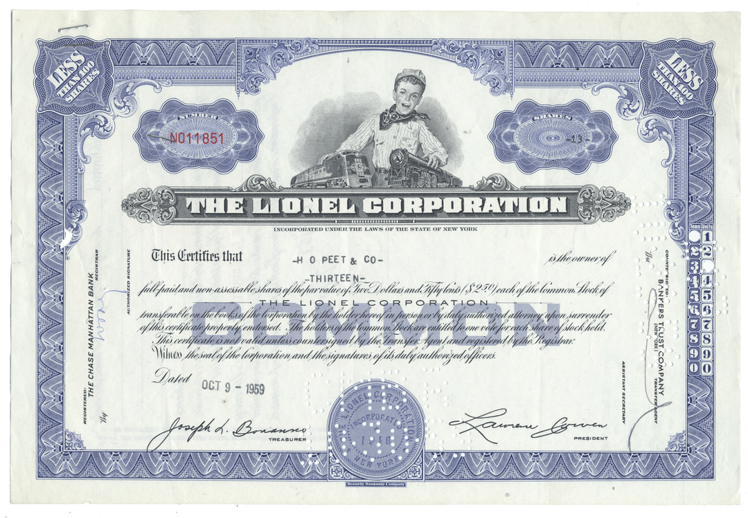 A vintage Lionel Corporation stock certificate from 1959