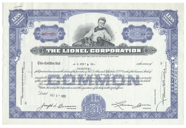 A vintage Lionel Corporation stock certificate from 1959