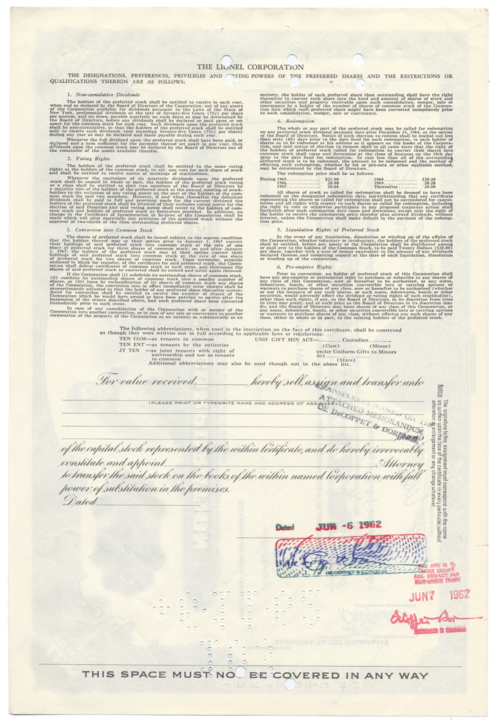 Lionel Corporation Stock Certificate