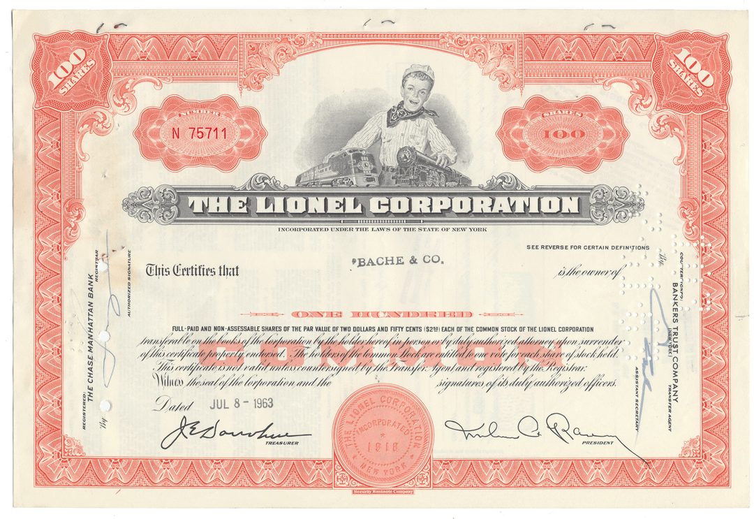 Vintage stock certificate from The Lionel Corporation
