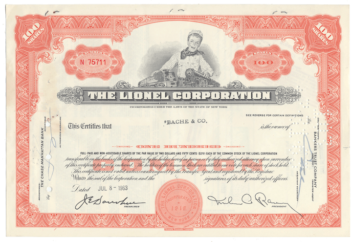 Vintage stock certificate from The Lionel Corporation