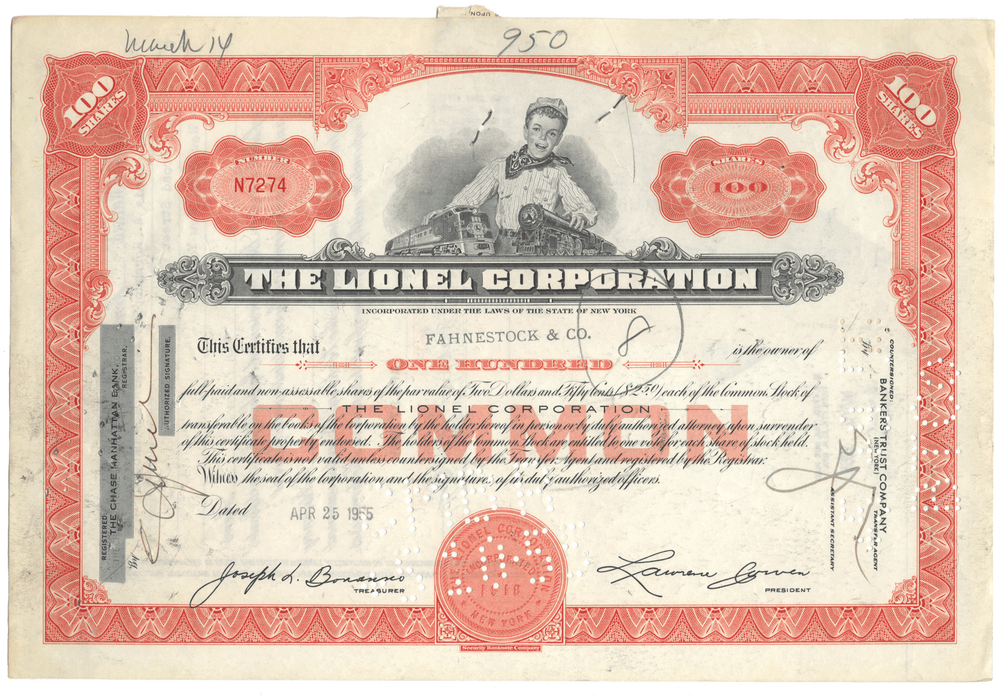 Vintage stock certificate from The Lionel Corporation from 1955