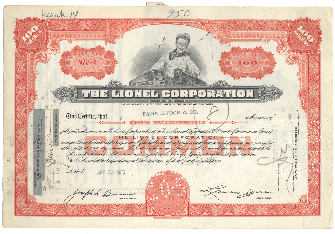 Vintage stock certificate from The Lionel Corporation from 1955