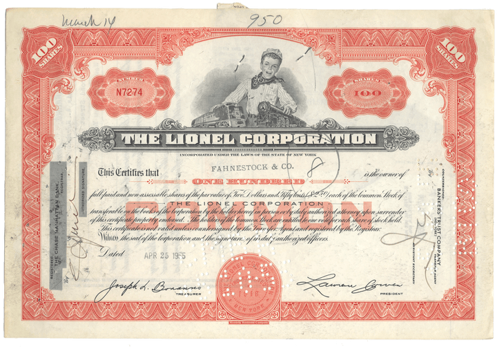 Vintage stock certificate from The Lionel Corporation from 1955