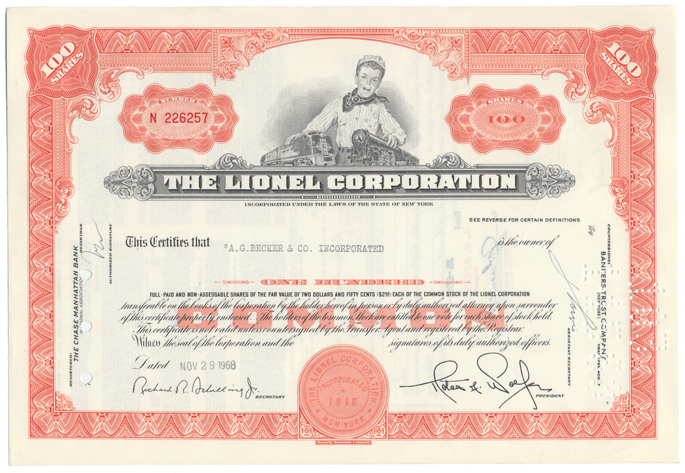 Lionel Corporation stock certificate