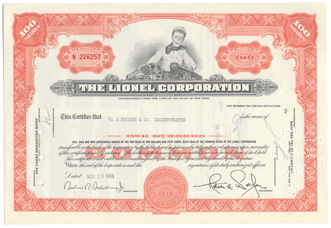 Lionel Corporation stock certificate