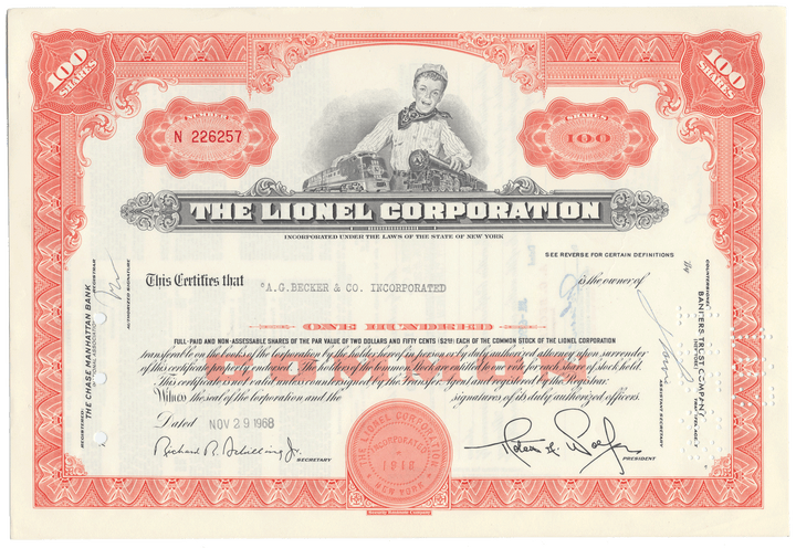 Lionel Corporation stock certificate