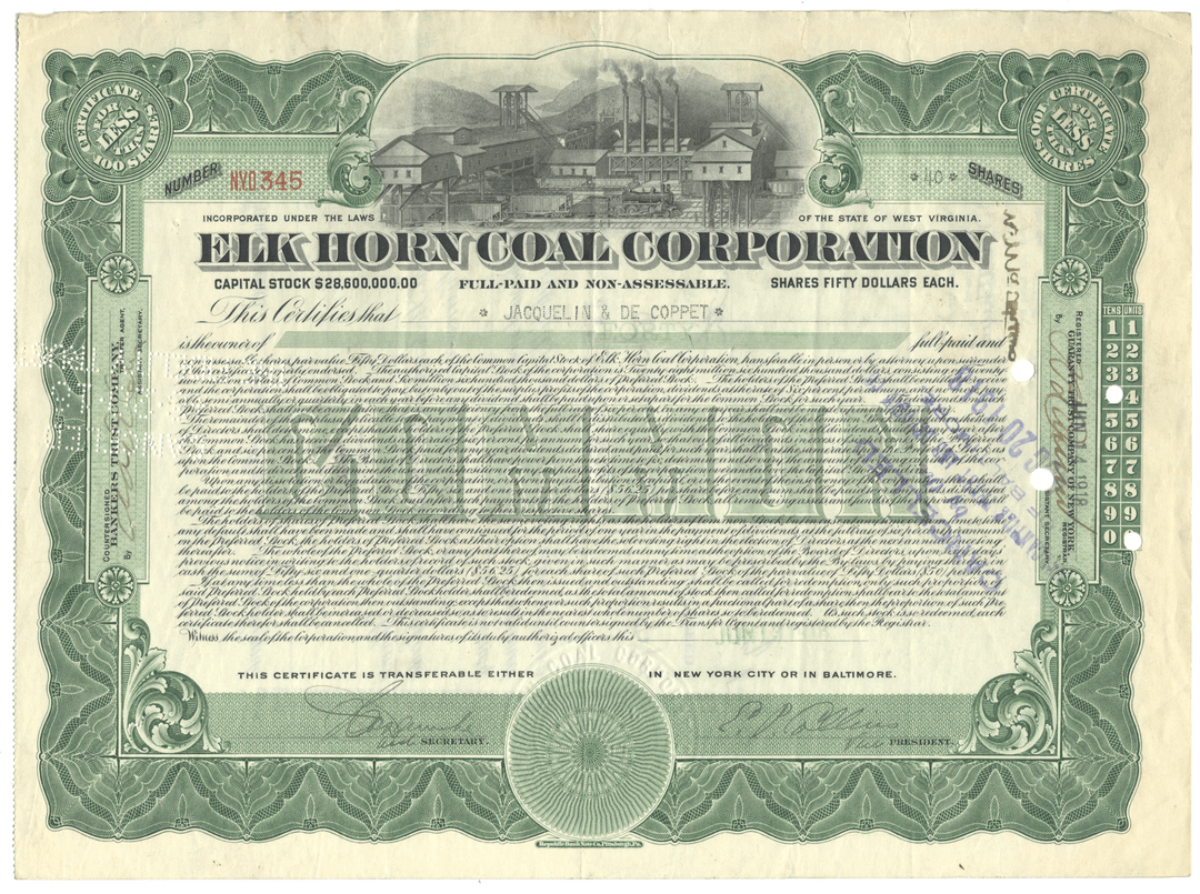 Elk Horn Coal Corporation stock certificate with green and black design