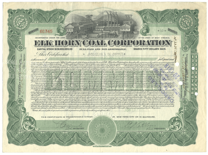 Elk Horn Coal Corporation stock certificate with green and black design
