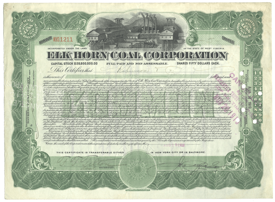 Elk Horn Coal Corporation stock certificate