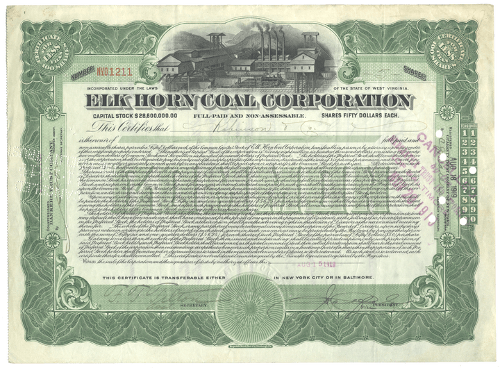 Elk Horn Coal Corporation stock certificate