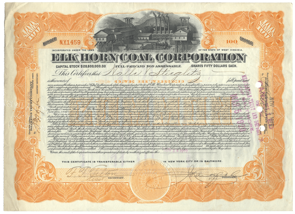 Vintage stock certificate of the Elk Horn Coal Corporation with ornate design elements.