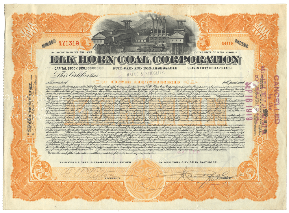 Erik Horn Coal Corporation stock certificate .