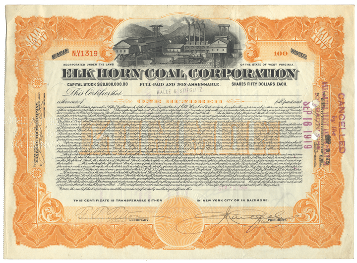 Erik Horn Coal Corporation stock certificate .