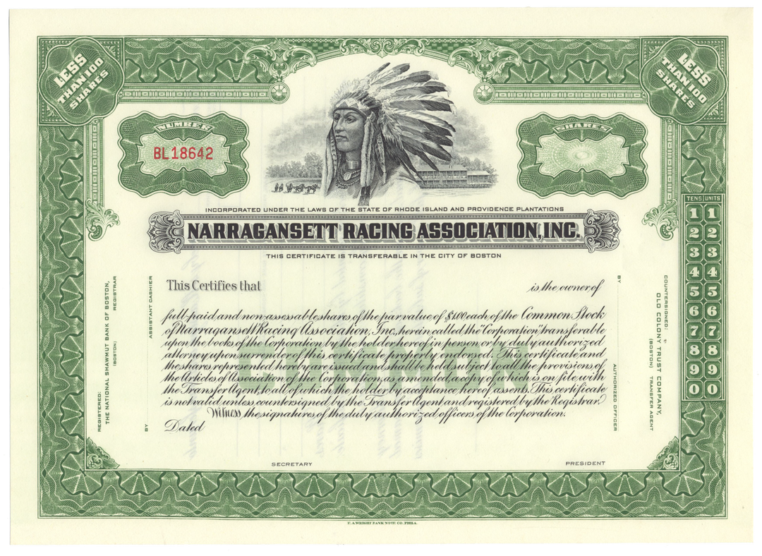 Narragansett Racing Association, Inc. Stock Certificate