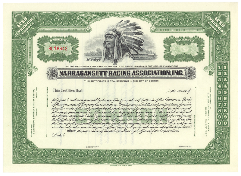 Narragansett Racing Association, Inc. Stock Certificate