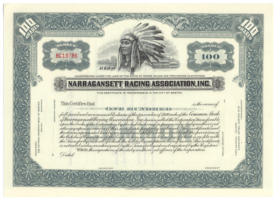 Narragansett Racing Association, Inc. Stock Certificate