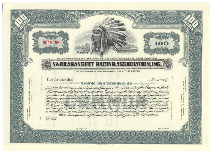 Narragansett Racing Association, Inc. Stock Certificate