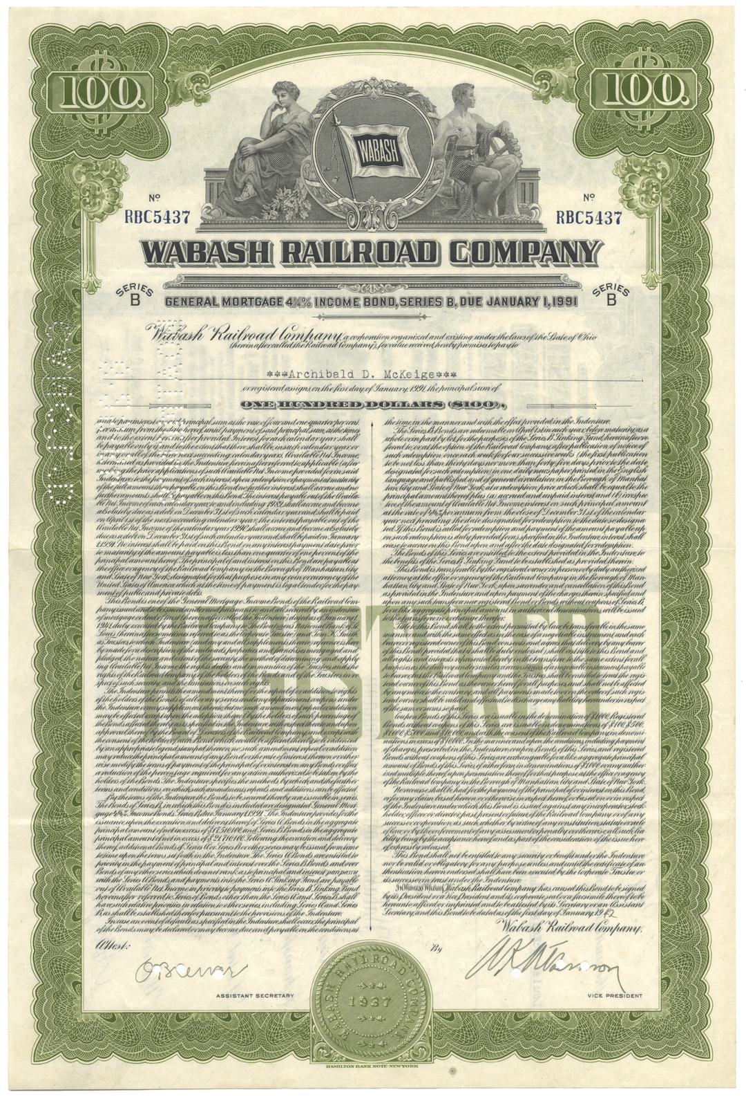 Wabash Railroad Company bond certificate from 1942