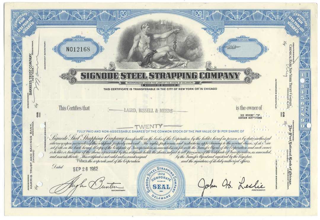 Signode Steel Strapping Company stock certificate with blue and white design