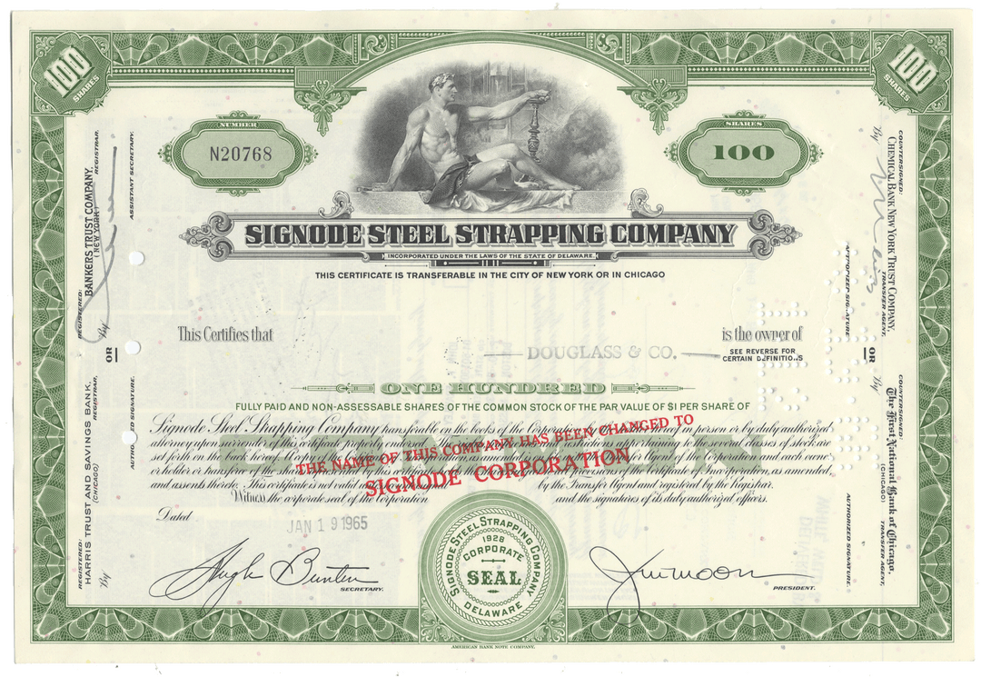 Signode Steel Strapping Company stock certificate from 1965
