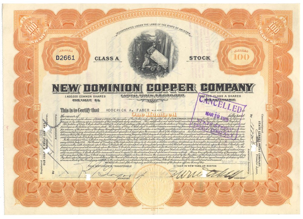 New Dominion Copper Company Stock Certificate