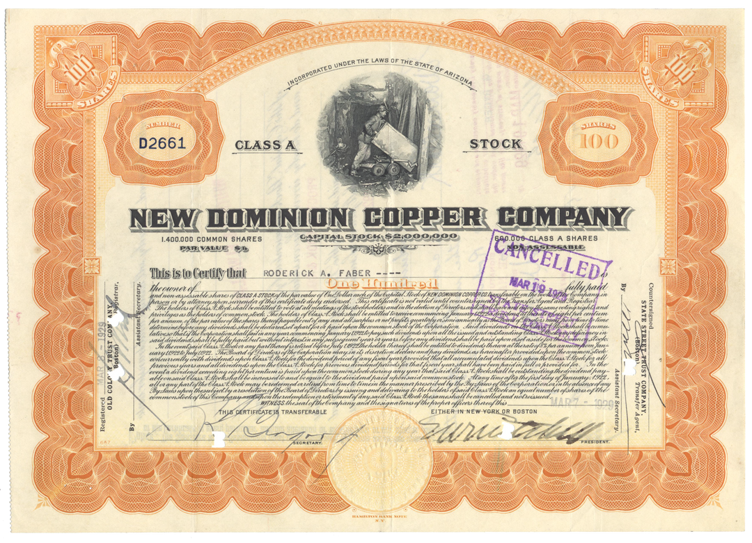 New Dominion Copper Company Stock Certificate