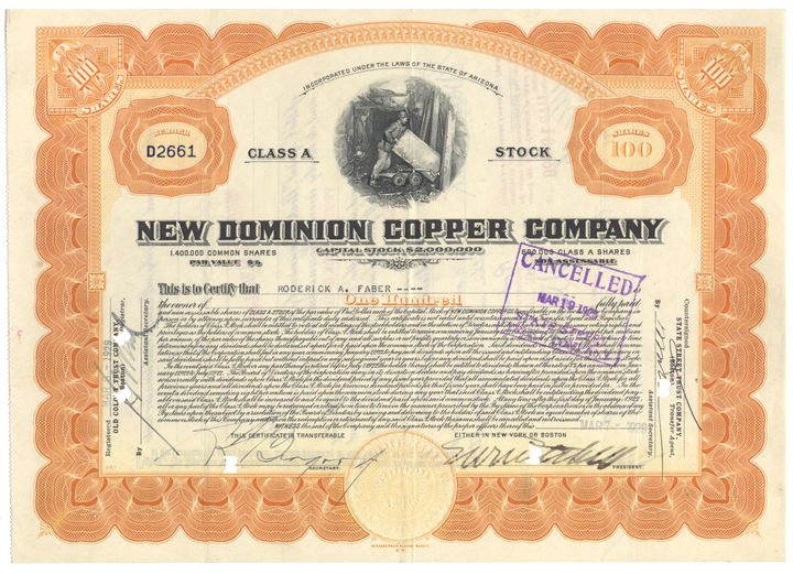 New Dominion Copper Company Stock Certificate