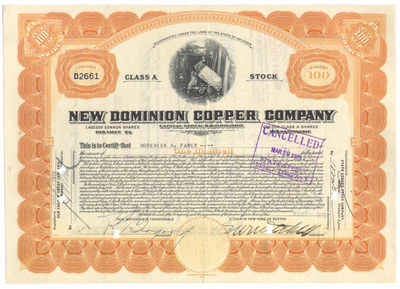 New Dominion Copper Company Stock Certificate