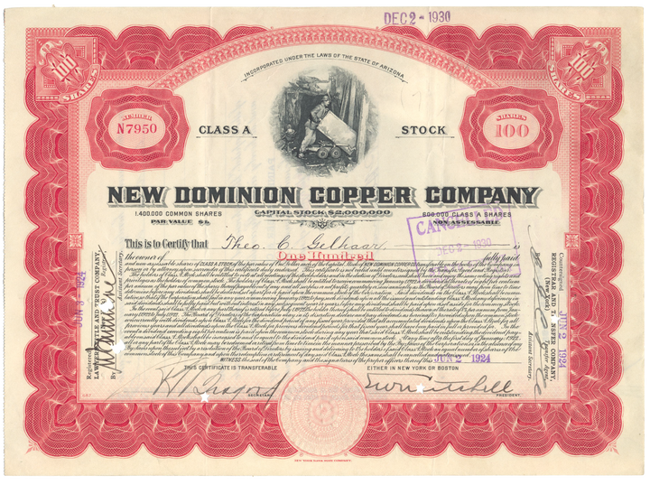 New Dominion Copper Company Stock Certificate