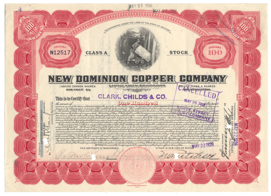 Vintage stock certificate from the New Dominion Copper Company with red and black design elements.