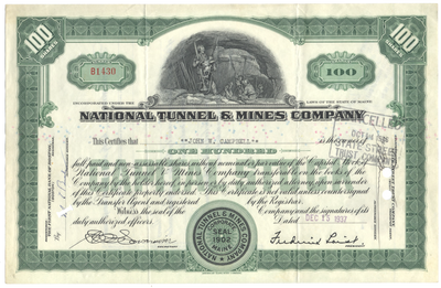 National Tunnel & Mines Company Stock Certificate