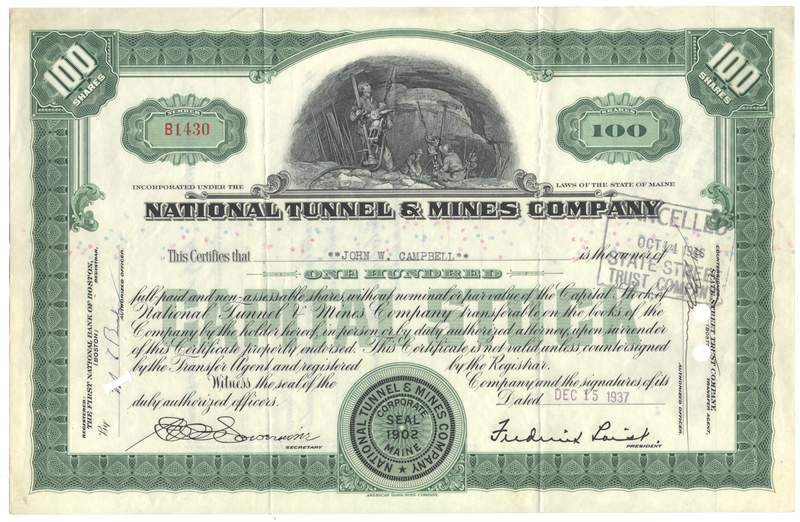 National Tunnel & Mines Company Stock Certificate