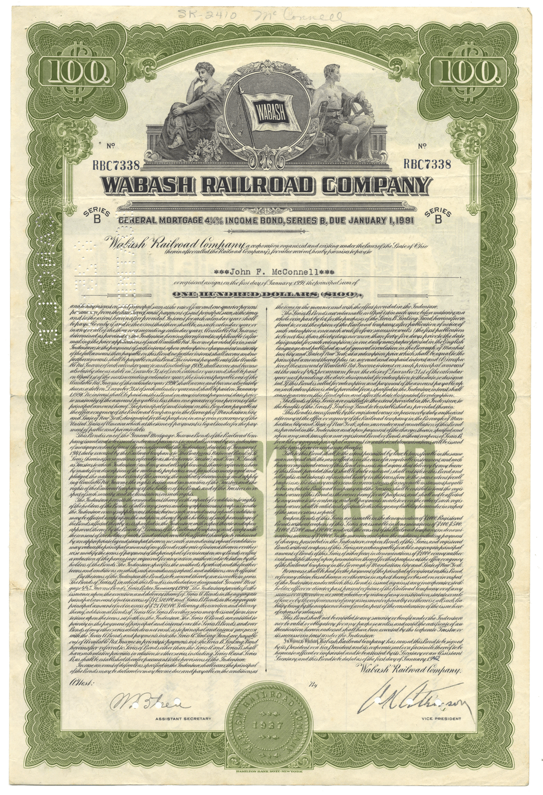 Wabash Railroad Company bond certificate dated 1942