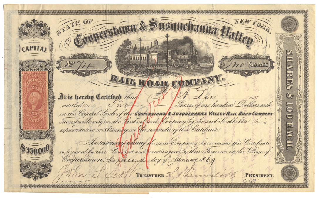 Historical stock certificate of the Cooperstown & Susquehanna Valley Rail Road Company with a train illustration.
