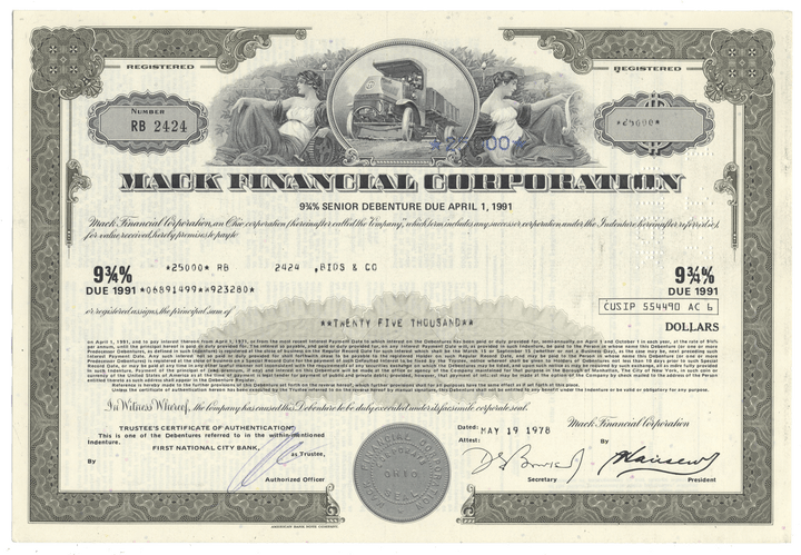 Mack Financial Corporation bond certificate from 1978 Mack Truck vignette.