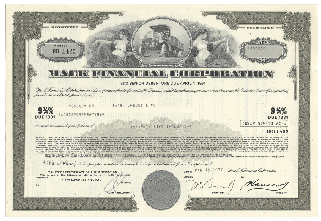 Mack Financial Corporation bond certificate from 1977 with decorative border and text.