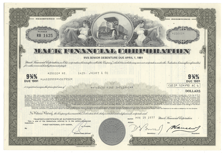 Mack Financial Corporation bond certificate from 1977 with decorative border and text.