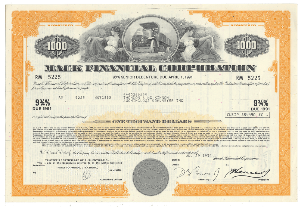 Vintage bond certificate from Mack Financial Corporation with decorative elements and text dated 1974