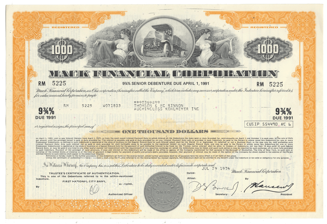 Vintage bond certificate from Mack Financial Corporation with decorative elements and text dated 1974