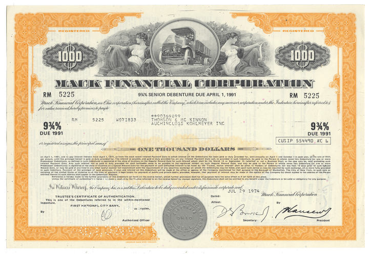 Vintage bond certificate from Mack Financial Corporation with decorative elements and text dated 1974