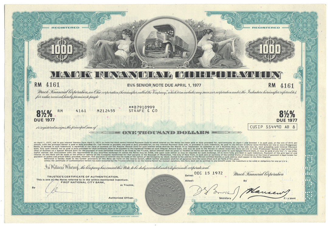 Vintage bond certificate from Mark Financial Corporation with decorative elements and text.