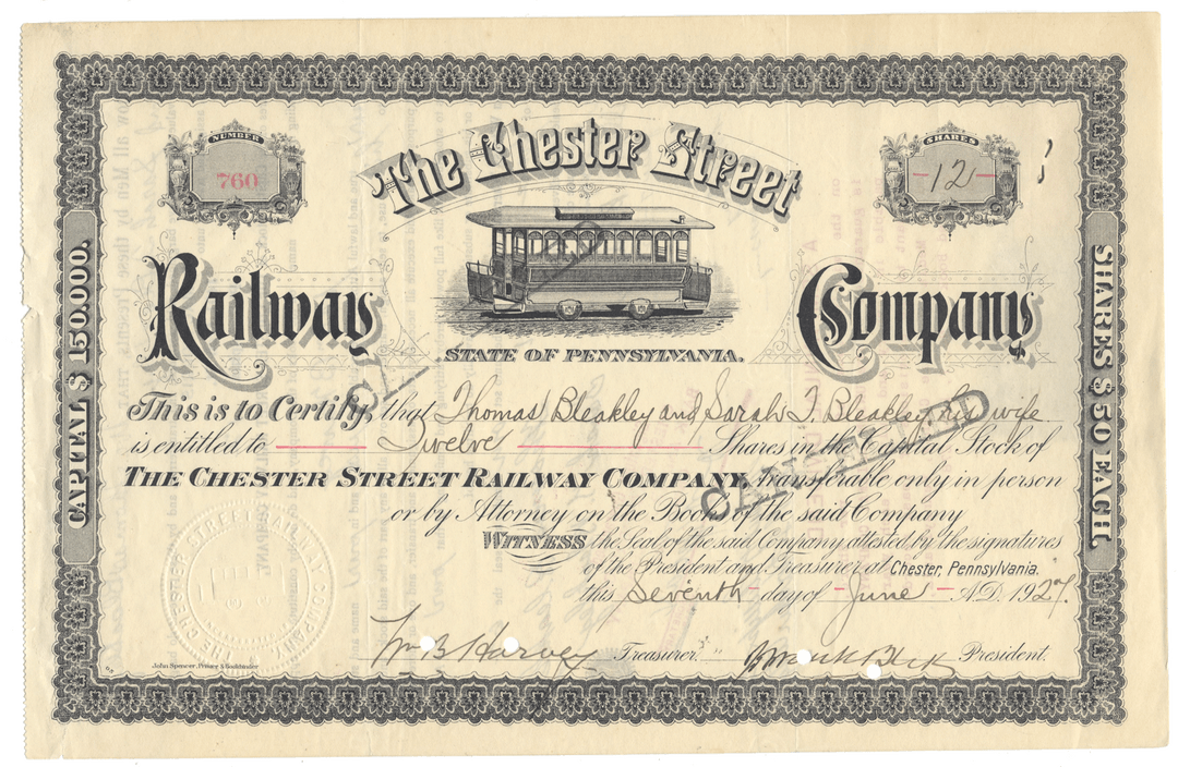 Certificate of The Chester Street Railway Company from the State of Pennsylvania