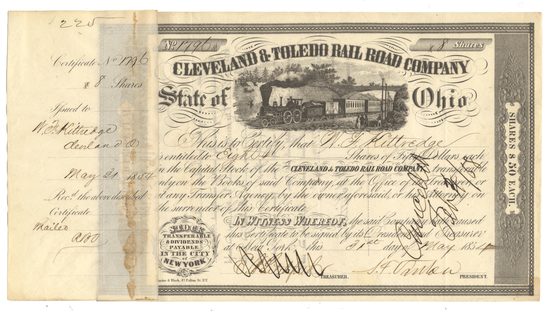Cleveland & Toledo Rail Road Company stock certificate from 1854